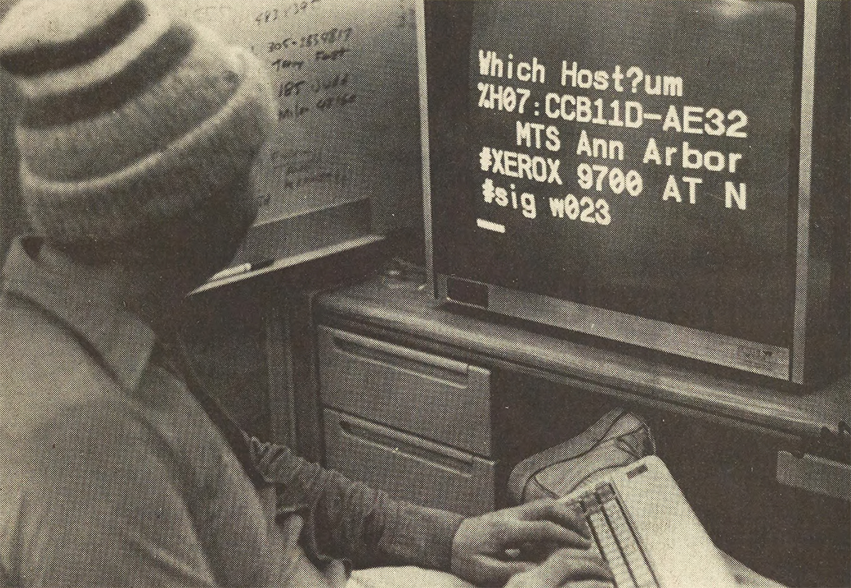 <p><font size="-1">Gordon Breseden of the Computer Center staff demonstrates a special terminal for the visually impaired which enlarges the characters on the screen for better visibilitiy.</p> 